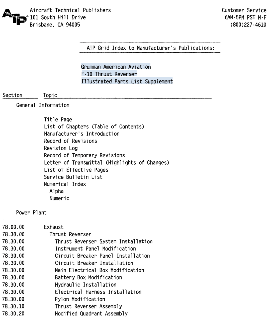 F-10 Thrust Reverser Illustrated Parts List Supplement