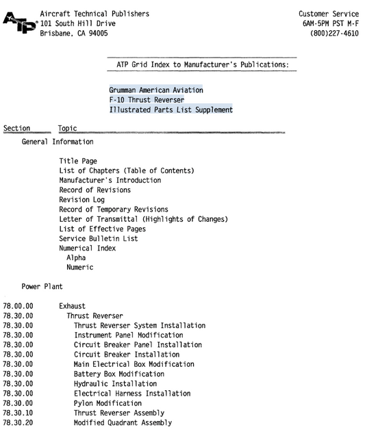 F-10 Thrust Reverser Illustrated Parts List Supplement