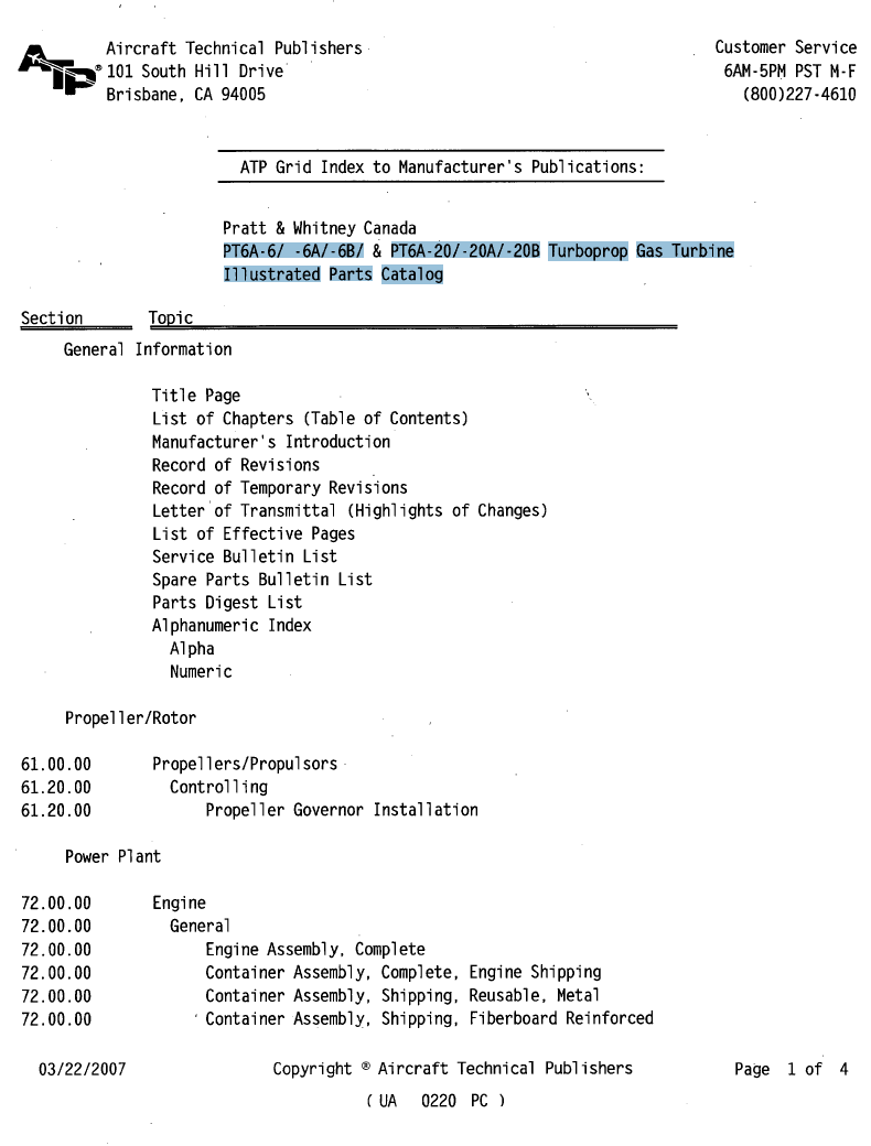 PT6A-61 -6A/-6Bl PT6A-20/-20A/-20B Turboprop Gas Turbine Illustrated Parts Catalog