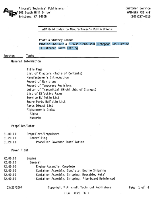 PT6A-61 -6A/-6Bl PT6A-20/-20A/-20B Turboprop Gas Turbine Illustrated Parts Catalog