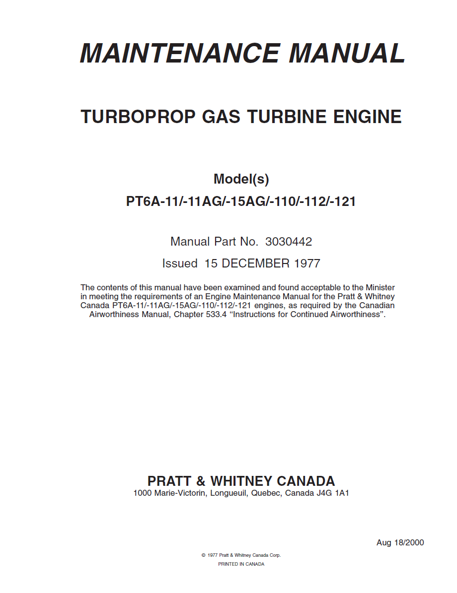 PT6A-11, 11AG, 15AG, 110, 112, 121 AMM Maintenance Manual
