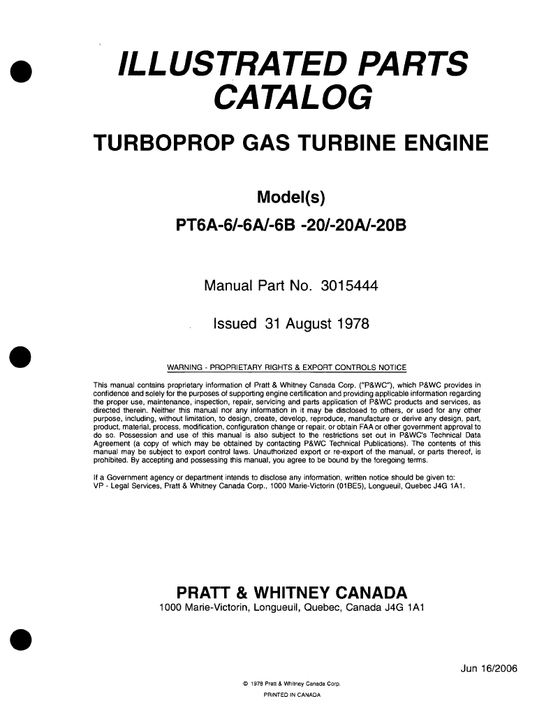 PT6A-61 -6A/-6Bl PT6A-20/-20A/-20B Turboprop Gas Turbine Illustrated Parts Catalog
